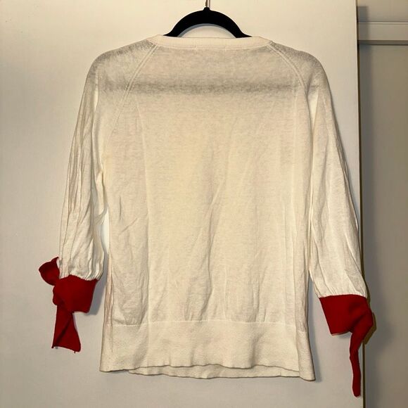 Boden Women’s Small Linen Blend Crew Sweater Cream Red 3/4 Bow Sleeves EUC - Picture 6 of 11